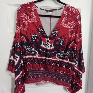 VENUS Red, Black & White Printed V-Neck Blouse